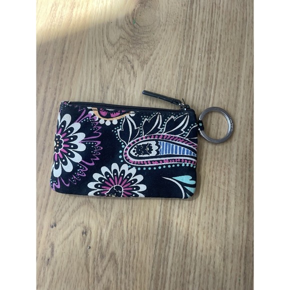 Vera Bradley Zip ID Case‎ Card Holder Coin Purse Key Ring in black floral pop - Picture 3 of 11